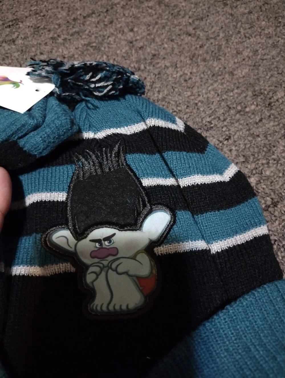 Trolls Teal and Black Knit Beanie with Attached Mittens